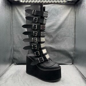 Demonia Swing-815 Knee High Platform Wedge Boots Women’s 10 Black Vegan